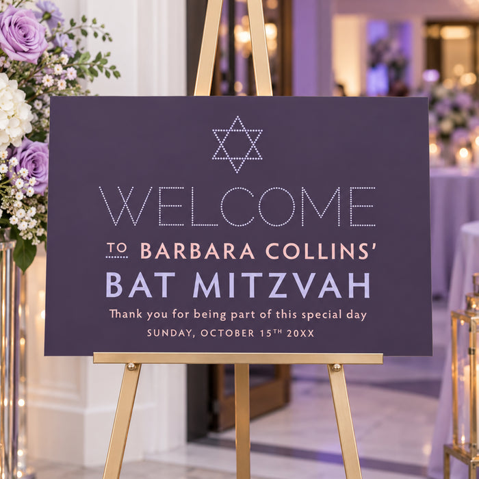Personalized Bat Mitzvah welcome sign in plum purple with Star of David, celebrant name, and event date