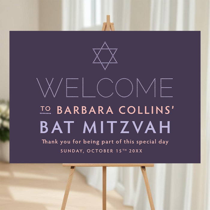 Personalized Bat Mitzvah welcome sign in plum purple with Star of David, celebrant name, and event date