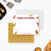 Personalized BBQ birthday thank you card with Thanks for Coming wording, family name, hot dog, corn, sausage, condiments, spatula and grill mitt illustrations-front-back