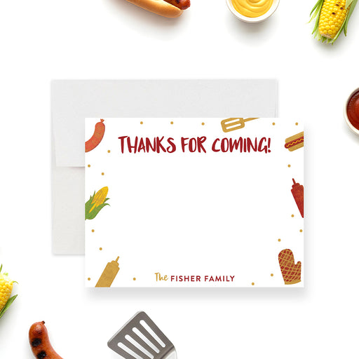 Personalized BBQ birthday thank you card with Thanks for Coming wording, family name, hot dog, corn, sausage, condiments, spatula and grill mitt illustrations-front