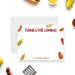 Personalized BBQ birthday thank you card with Thanks for Coming wording, family name, hot dog, corn, sausage, condiments, spatula and grill mitt illustrations-front