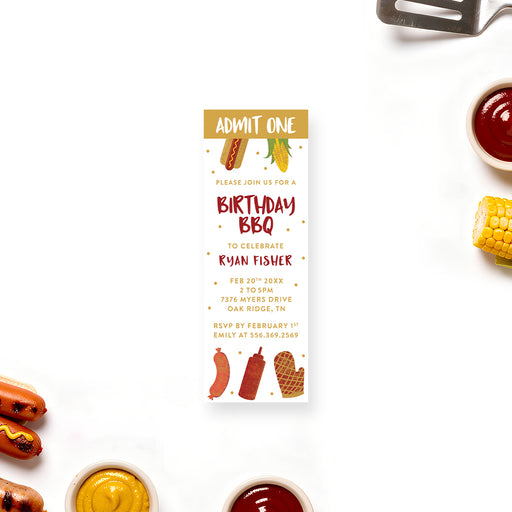 Personalized BBQ birthday ticket invitation with Admit One header, hot dog, corn, sausage, ketchup bottle, grill mitt and custom party details