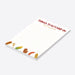 Personalized lined BBQ notepad with Things to Ketchup On heading, custom name, hot dog, corn, sausage, grill mitt, spatula and mustard illustrations-side