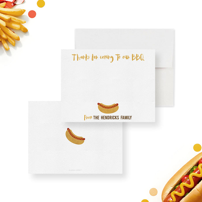 Front and back of personalized BBQ birthday thank you card with Thanks for Coming wording, family name and playful hot dog illustrations-front-back