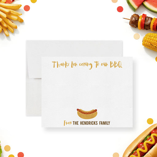 Front and back of personalized BBQ birthday thank you card with Thanks for Coming wording, family name and playful hot dog illustrations-front