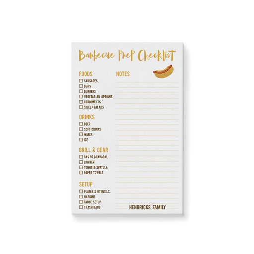 Personalized BBQ prep checklist notepad with sections for food, drinks, grill and gear, setup, lined notes, hot dog illustration and family name