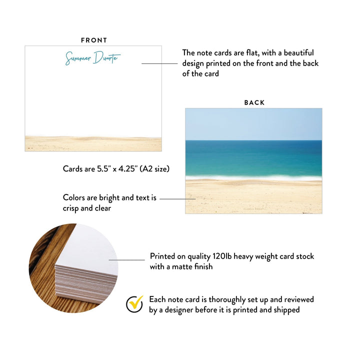 Front and back of personalized beach and ocean note cards with A2 size and matte cardstock details.