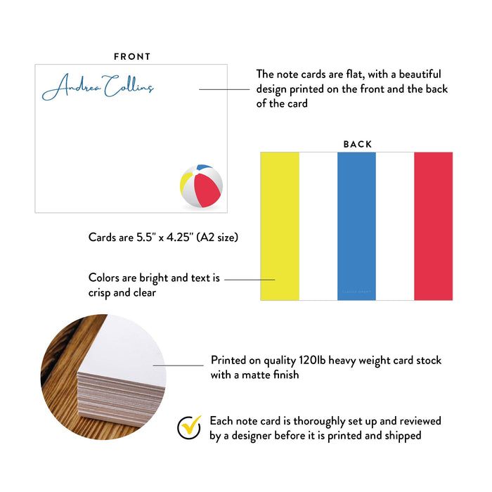 Front and back of personalized beach ball note cards with striped back showing A2 dimensions and matte cardstock details.