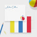 Personalized beach ball note cards with a white writing front and a reverse with yellow, blue, red and white vertical stripes.