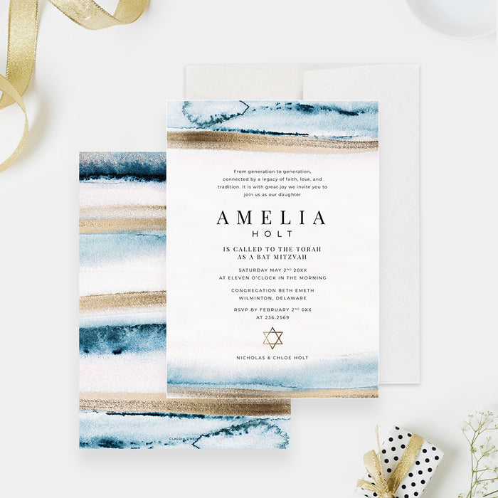 Beach Bar or Bat Mitzvah invitation with blue watercolor waves, printed gold shoreline details and a Star of David-front-back