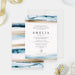 Beach Bar or Bat Mitzvah invitation with blue watercolor waves, printed gold shoreline details and a Star of David-front-back