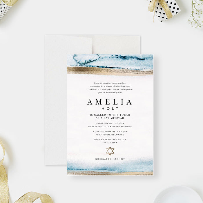 Beach Bar or Bat Mitzvah invitation with blue watercolor waves, printed gold shoreline details and a Star of David-front