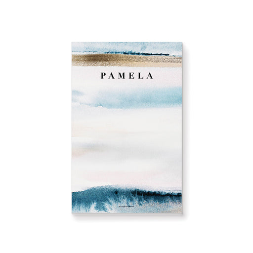 personalized beach notepad with blue ocean wave artwork, sand-toned accents, soft coastal colors, and custom name