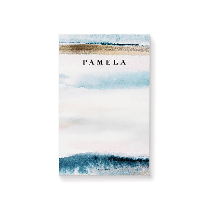 personalized beach notepad with blue ocean wave artwork, sand-toned accents, soft coastal colors, and custom name