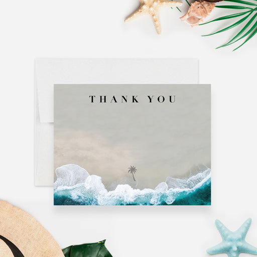 Personalized beach thank you card featuring a tranquil coastal scene, ideal for summer parties, beach weddings, or tropical-themed celebrations.