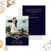 Personalized wedding announcement card with a couple’s photo, rope heart detail, and navy blue background