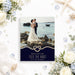 Personalized wedding announcement card with a couple’s photo, rope heart detail, and navy blue background