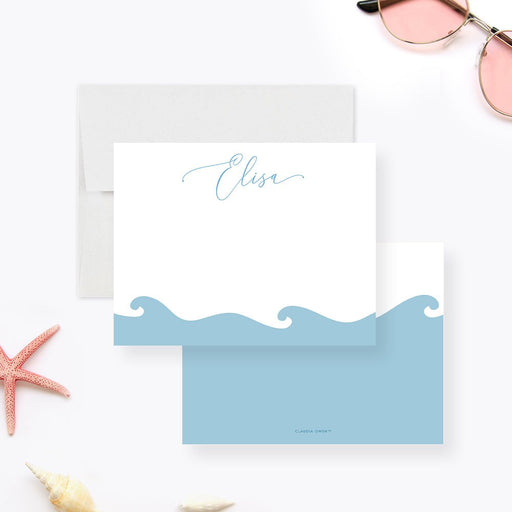 Beach wedding thank you card with hand-drawn blue ocean waves for destination weddings or seaside events-front-back