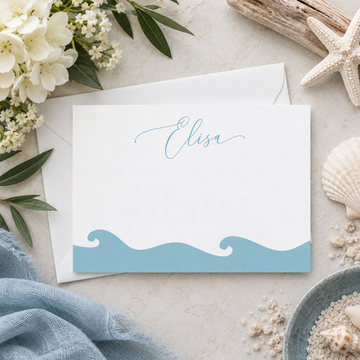 Beach wedding thank you card with hand-drawn blue ocean waves for destination weddings or seaside events-front