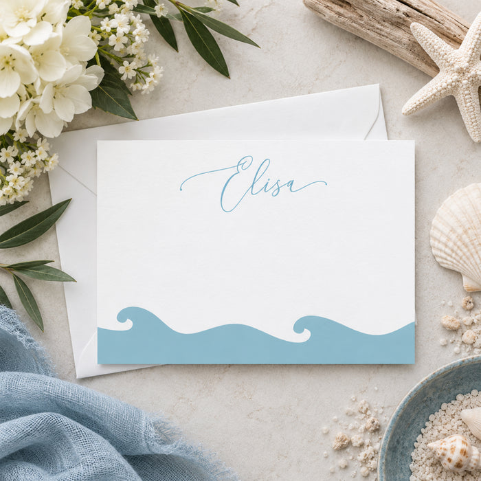 Beach wedding thank you card with hand-drawn blue ocean waves for destination weddings or seaside events-front