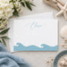 Beach wedding thank you card with hand-drawn blue ocean waves for destination weddings or seaside events-front