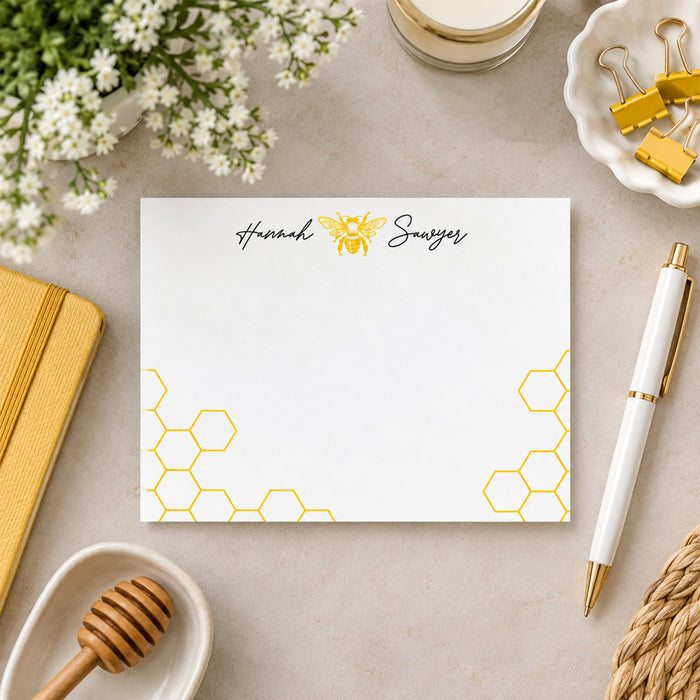 Personalized bee note card with custom name, yellow honeycomb accents, and honeybee illustration-front