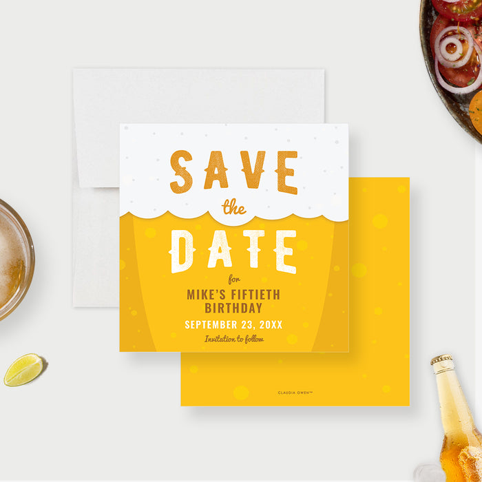 Personalized beer birthday save the date card shown with sample 50th birthday wording, golden yellow beer, white foam, and celebration date-front-back