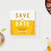 Personalized beer birthday save the date card shown with sample 50th birthday wording, golden yellow beer, white foam, and celebration date-front