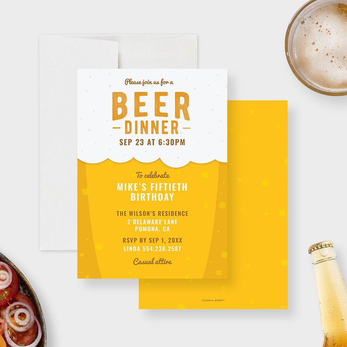 Personalized beer dinner birthday invitation shown with sample 50th birthday wording, golden yellow beer, white foam, and personalized party details-front-back