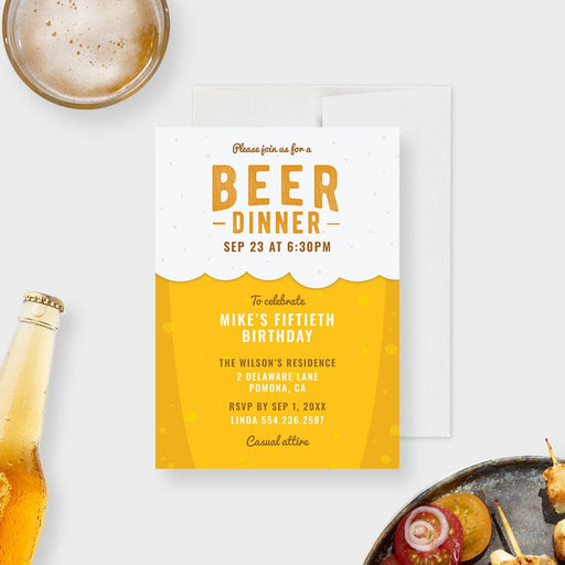 Personalized beer dinner birthday invitation shown with sample 50th birthday wording, golden yellow beer, white foam, and personalized party details-front