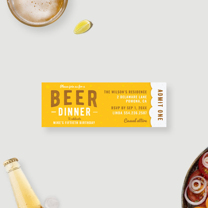 Personalized beer dinner birthday ticket invitation shown with sample 50th birthday wording, golden yellow design, event details, and Admit One stub