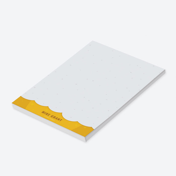 Personalized beer lover notepad with a white writing area, golden yellow beer and foam design, and a name at the bottom-side