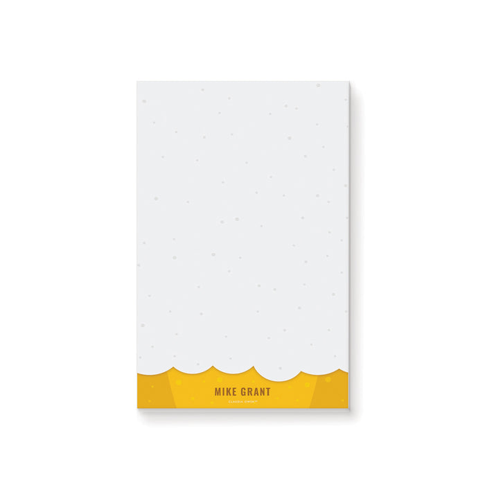 Personalized beer lover notepad with a white writing area, golden yellow beer and foam design, and a name at the bottom