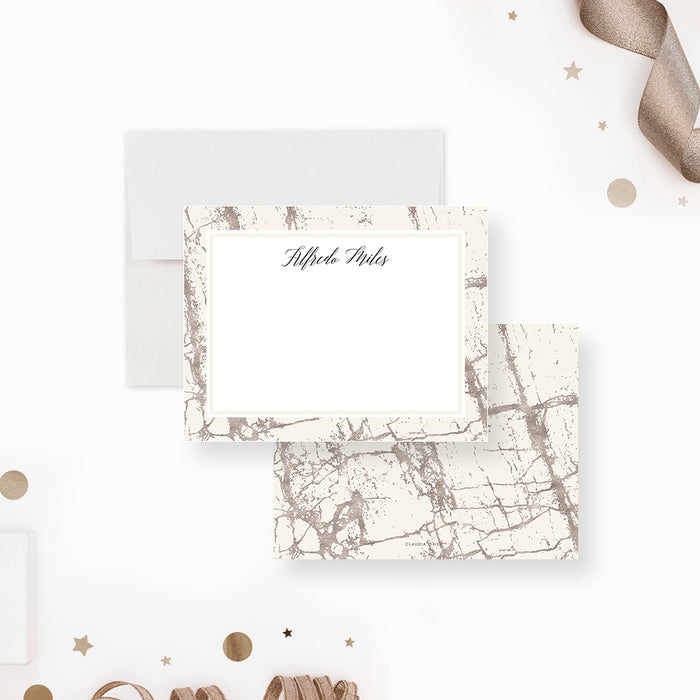 Personalized Beige and Silver Marble Note Cards. Front and matching beige and printed silver marble back shown with a white envelope.