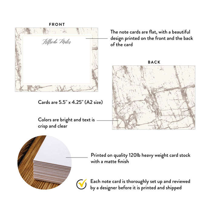 Product details graphic for personalized beige and silver marble note cards, showing front and back designs, A2 size, and matte cardstock.