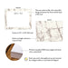 Product details graphic for personalized beige and silver marble note cards, showing front and back designs, A2 size, and matte cardstock.