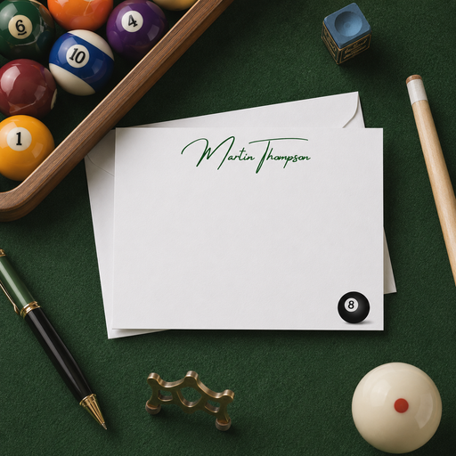 Personalized billiard note card with green script name and black 8-ball, shown with a white envelope on a pool table.