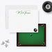 Front and back of a personalized billiard note card, with a green script name and 8-ball on the front and a pool table on the back.