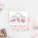Custom baby announcement card featuring three newborn photos, a blush pink ribbon banner, and personalized name along with birth details.-front-back