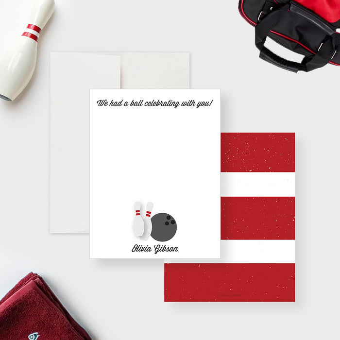personalized bowling birthday thank you card with bowling pins, bowling ball, custom name, and space for handwritten notes-front-back