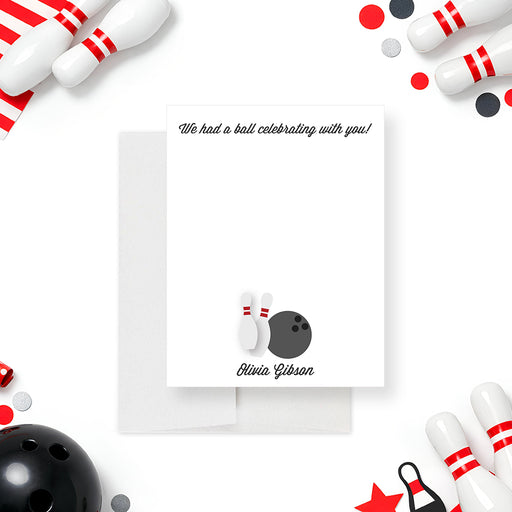 personalized bowling birthday thank you card with bowling pins, bowling ball, custom name, and space for handwritten notes-front
