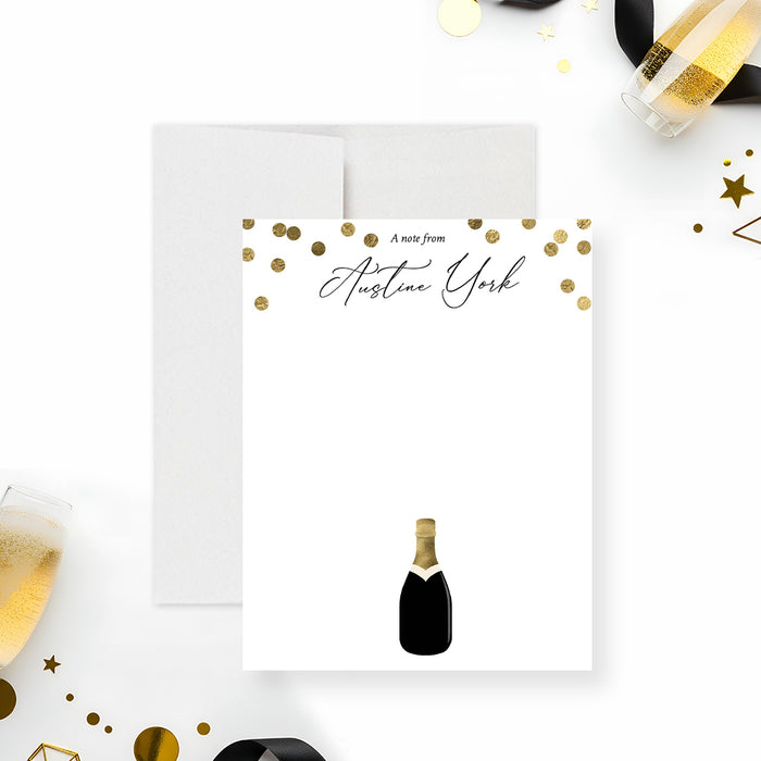 personalized thank you card with gold confetti accents, custom name in elegant script, champagne bottle illustration, and blank space for handwritten notes-front