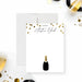 personalized thank you card with gold confetti accents, custom name in elegant script, champagne bottle illustration, and blank space for handwritten notes-front