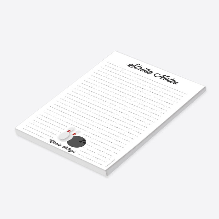 personalized bowling notepad with Strike Notes heading, bowling pins, bowling ball, custom name, and lined writing space-side