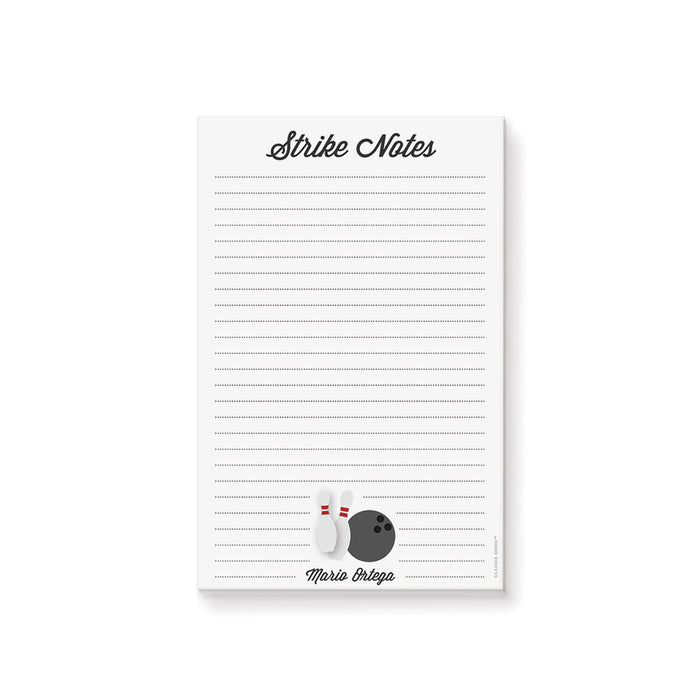 personalized bowling notepad with Strike Notes heading, bowling pins, bowling ball, custom name, and lined writing space