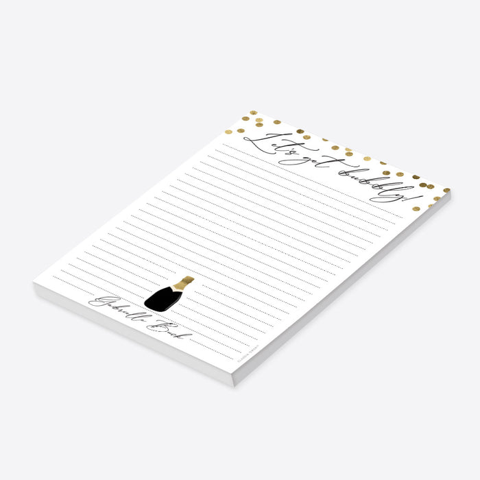 personalized champagne notepad with "Let's Get Bubbly!" heading, gold confetti accents, champagne bottle illustration, and custom name-side