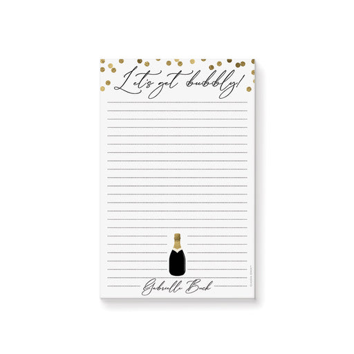 personalized champagne notepad with "Let's Get Bubbly!" heading, gold confetti accents, champagne bottle illustration, and custom name