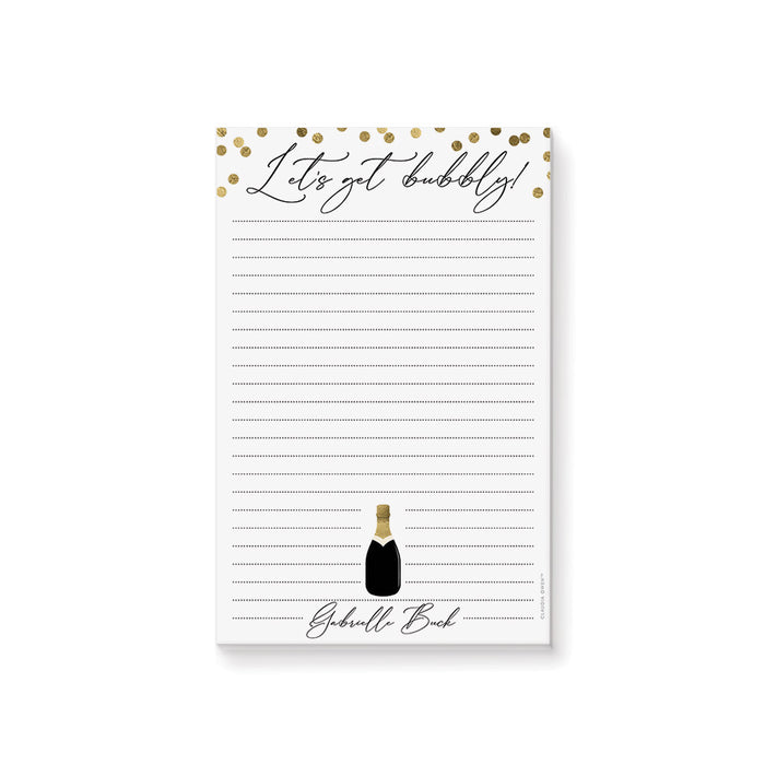 personalized champagne notepad with "Let's Get Bubbly!" heading, gold confetti accents, champagne bottle illustration, and custom name