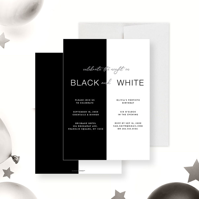 Modern black and white birthday invitation with elegant typography, personalized with your details.-front-back