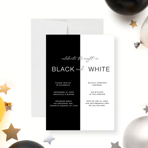 Modern black and white birthday invitation with elegant typography, personalized with your details.-front